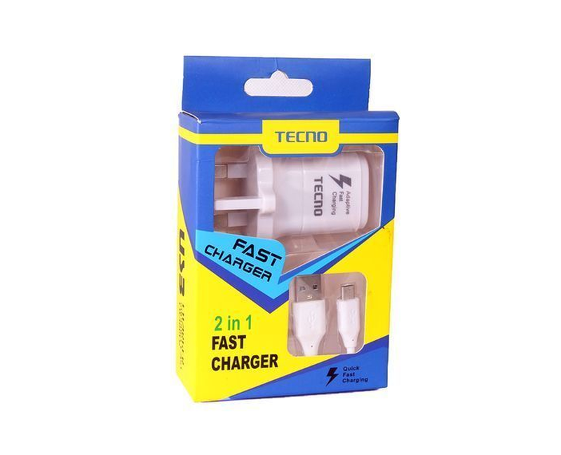Tecno 2 In 1 Fast Charger USB Cable - White