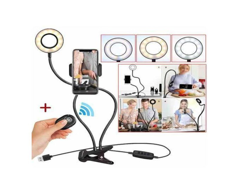 Adjustable Desk / Office Mobile Phone Holder & Ring Light For YouTube TikTok - black