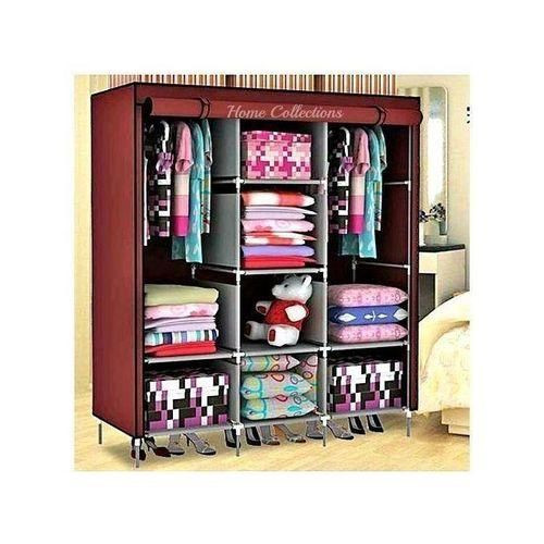 3 Column Cloth & Wooden Frame Portable Wardrobe - Multicolor