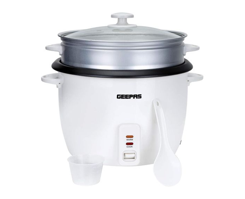 Geepas 2.8 L Automatic Rice Cooker With Non-Stick Inner Pot And Toughened Glass Lid Includes Cook, Steam, And Warm Functions-White