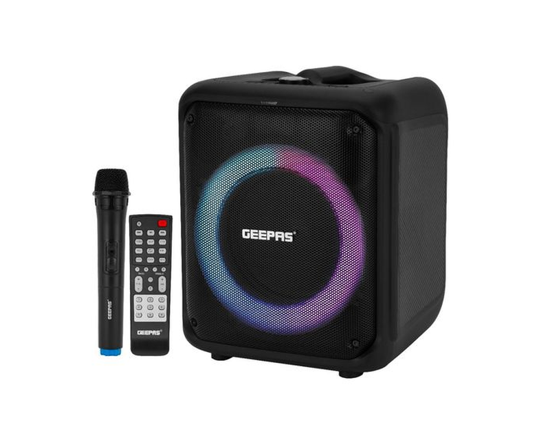 Geepas Professional Speaker Portable Handle with 3600 MAh Huge Battery TWS Connection & Compatible with BT,USB,AUX,FM,Micro SD Ideal for Home, Hotels & Outdoor Use-Black