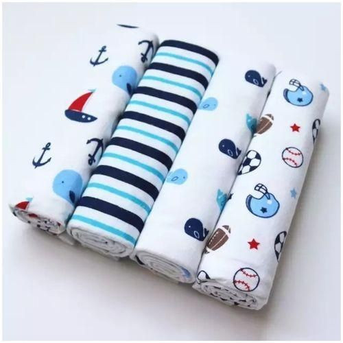 4Pcs Cute Printed Pure Cotton Baby Boy Shawl Super-soft Flannel Receiving Newborn Baby Blanket - Blue/Multicolor