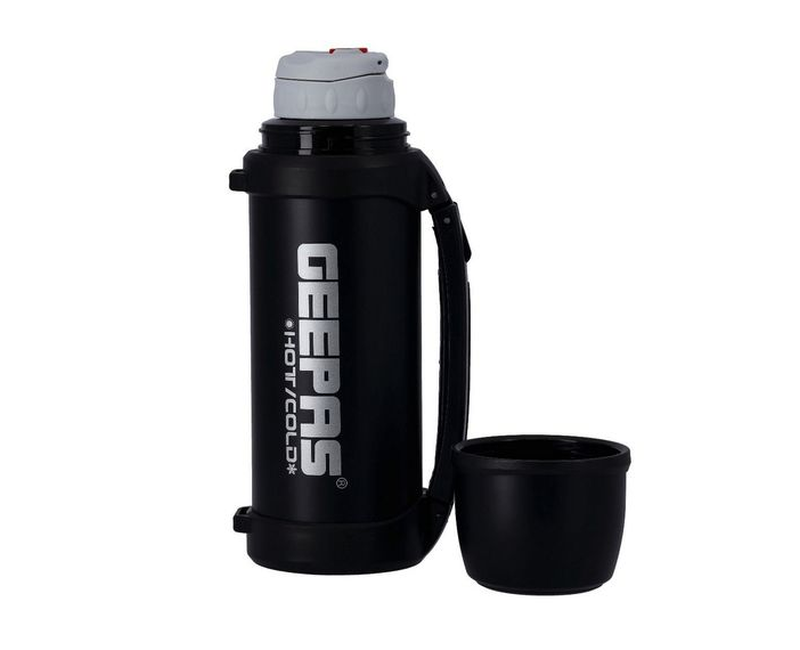 Geepas 1.8L Vacuum Flask, Stainless Steel Bottle Keep Hot & Cold Antibacterial topper Cup - Perfect for Outdoor Sports, Fitness, Camping, Hiking, Office, School -Black