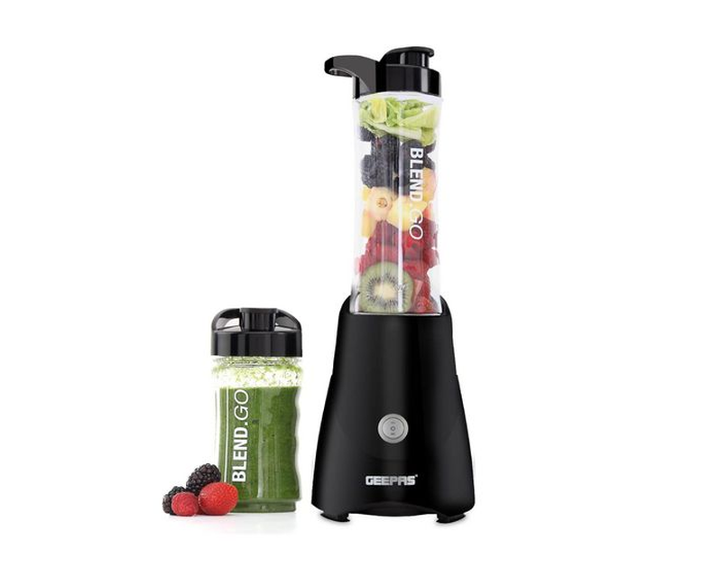 Geepas Personal Blender Stainless Steel Blade Safety Lock, 570ml & 400ml BPA-Free Tritan Jar, 300W Motor, Multi- Safe Protection, Abs Plastic Housing - Black