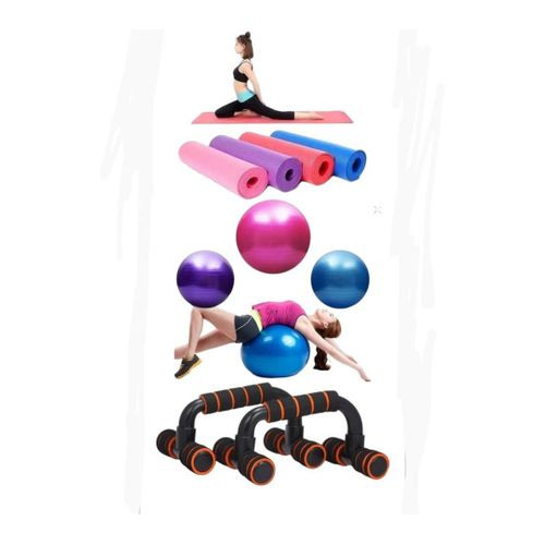 Bundle 3 In 1 Yoga Mat Gym Exercise Training Mat , Gym Ball Plus Exercise Push UP Bars - Assorted Colors