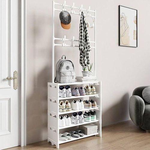 Multifunctional Shoe Rack Organizer with Coat Hanger - Black/White...
