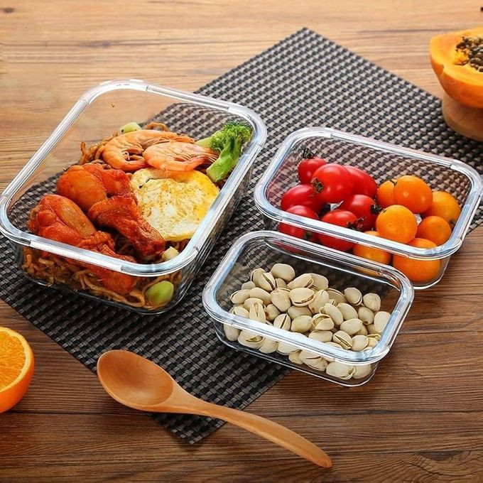 3Pc Set Of Glass Containers with Lock Lid, Borosilicate Glass, Rectangle Shape, Transparent, Microwave and Refrigerator Safe, 370ml, 640ml, 1040ml