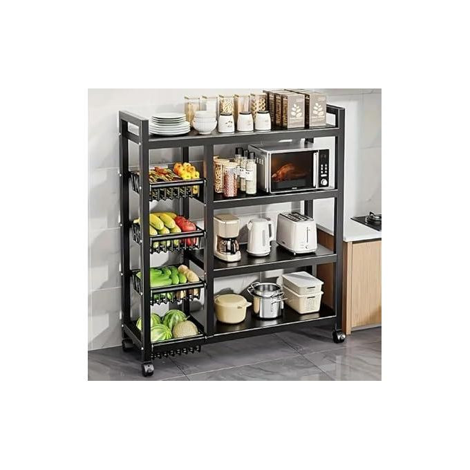 4-Tier Kitchen Storage Rack Heavy Duty Metal Free. Black Standingakers Racks Microwave Oven Stand For Kitchen With Wheels. Color-Black