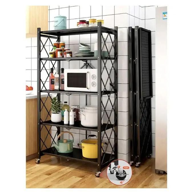 5 Tier Foldable And Movable Shelves Metal Kitchen Storage Rack , Color -Black & White.