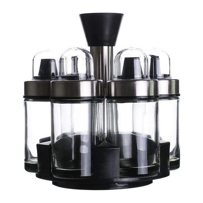 Rotatable 5pcs Kitchen Glass Canister Set Salt And Pepper Shakers Spice Jars With Lid Sets Household Seasoning Sugar Container