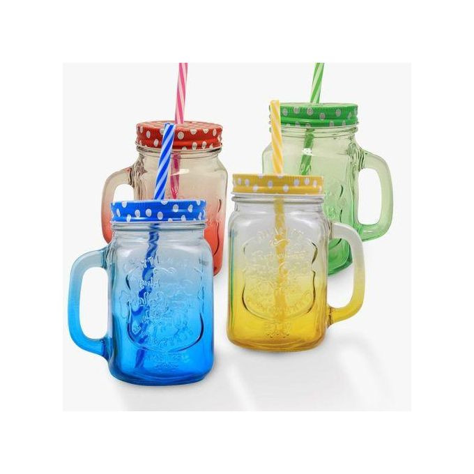 6 Piece BPA Free Gradient Mason Jar Of Milk Tea Cup Juice Tumbler Kettle Metal Cover With A Straw Size Straw-QColor- Clear