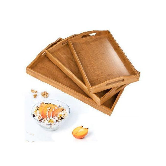 3 Piece Wooden Bamboo Serving Trays Platter - Brown