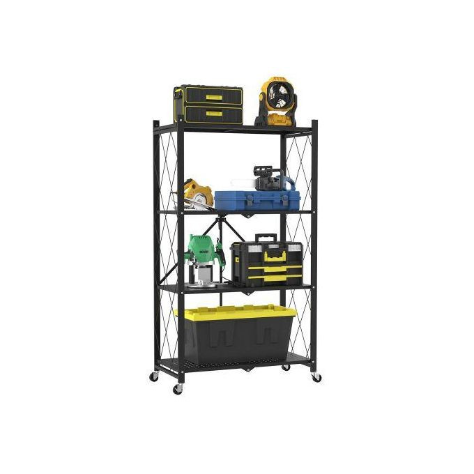 4 Tier Foldable Storage Shelves With Wheels Rack Pantry Organizer For Kitchen Bedroom Bathroom Office- Black & WHITE