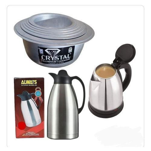 Bundle 3 In 1 8Pieces Set Of Aluminum,3 In 1 Stainless Steel Vacuum Flask Jug - 2.0L Plus Fast Boiling Percolator, 2 Litres - Silver