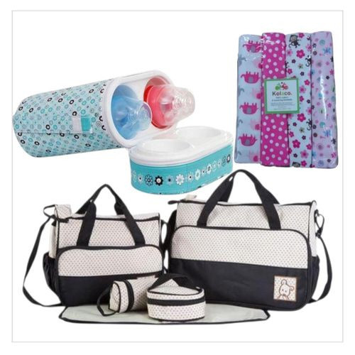 5 in 1 Multi-Function Baby Diaper Changing Bag Set With A Bottle Warmer And 4 piece Baby Bedsheets - Multicolor.