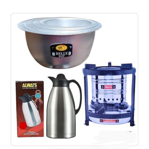 Bundle 3 In 1 8Pcs Set Of Aluminium Saucepans,Stainless Steel Vacuum Flask Jug - 2.0L Plus Mini Praffin Wick Stove - Silver