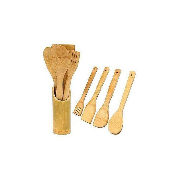 5 Pieces Of Bamboo Cooking/ Serving Spoon Utensils-Brown