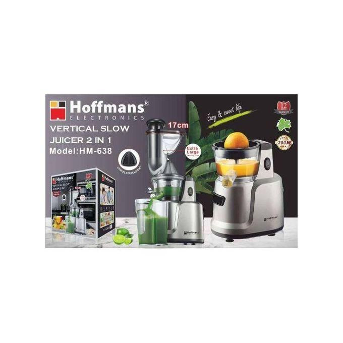 Hoffmans 2 in 1 Slow Juicer, 75 mm Filling Opening, Juicer with Two Filters for Vegetables and Fruit, Baby Food and Ice Cream, Silent, Juice Recipe, Pre-Cleaning Function, Vertical- Silver