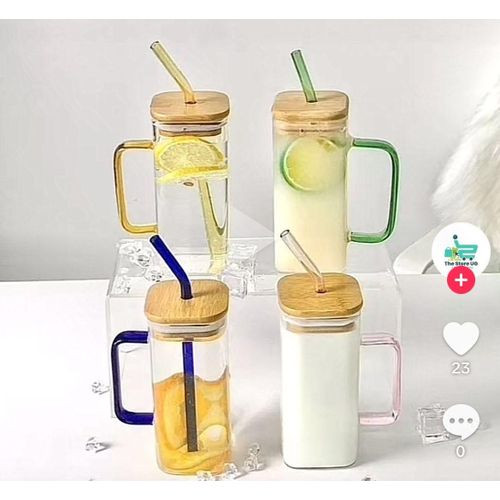 Square Glass Cup With Bamboo Lid -Transparent