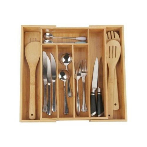 Adjustable Bamboo Drawer Organizer Divider Tray Cutlery Storage Box - Brown.
