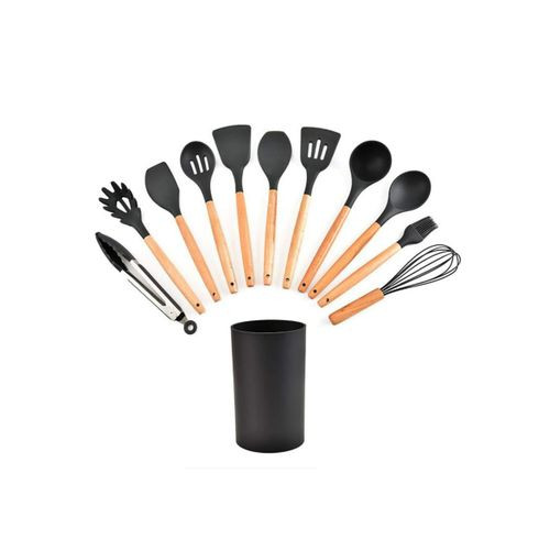 12pcs Kitchen Utensils And Knife Set - Silicone, Black