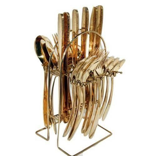 24Pcs Stainless Steel Cutlery Set With Stand - Gold