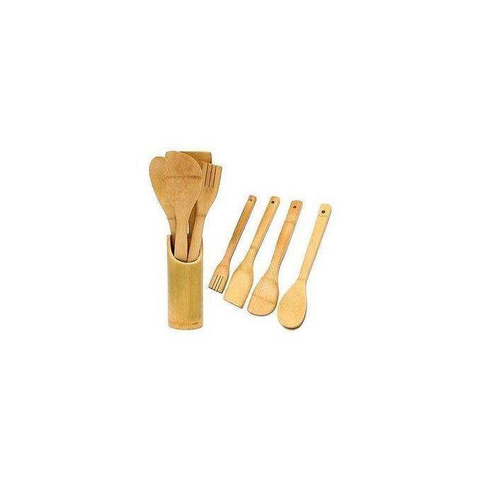 5 Pieces Of Bamboo Cooking /Serving Spoon Utensils - Brown.