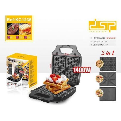 Dsp 3 IN 1 Waffle Maker 1400W- BLACK