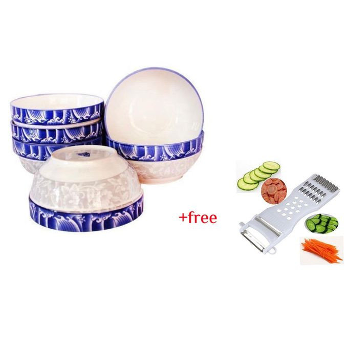 Set of 6 Soup Bowls Plus A Free Vegetable Slicer- White, Blue