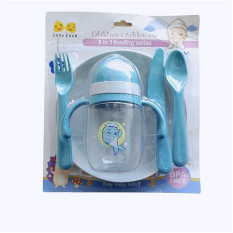 5-in-1 Baby Feeding Set Plate, Cup, Fork, Knife & Spoon – Multicolor