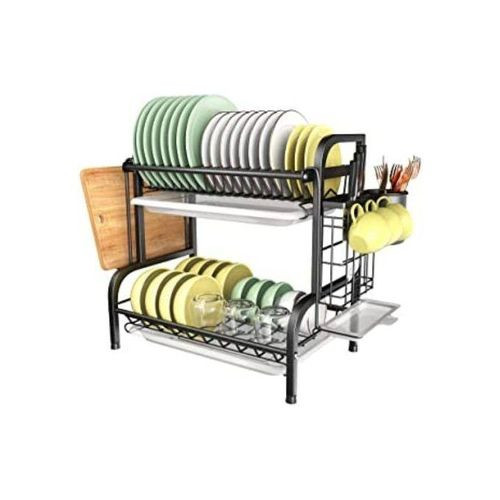 2 Tier Aluminum Plate Dish Drying Draining Rack Storage Organizer, Black.