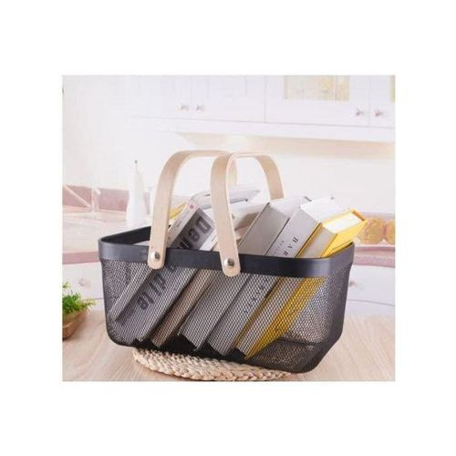 Mesh Steel Basket Wire Basket with Wooden Handles - Multicolor