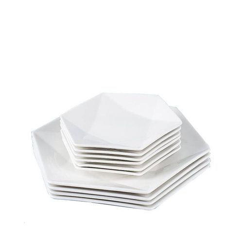 12 Pieces Ceramic Hexagonal Dinnerware Set With 6 Dinner Plates And 6 Side Plates-White