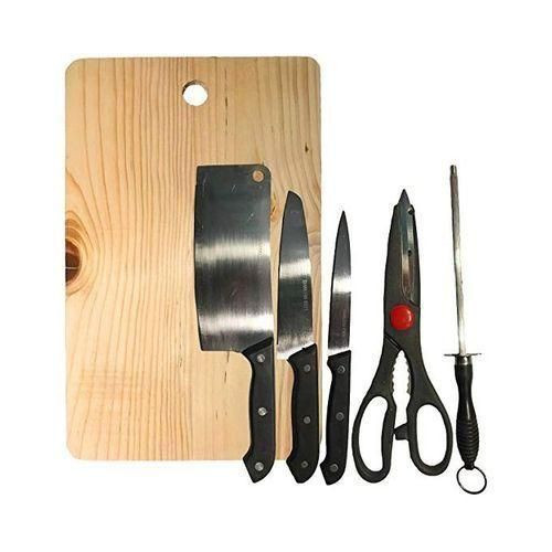 6Pc Kitchen Knife Set With Wooden Chopping Board -Silver