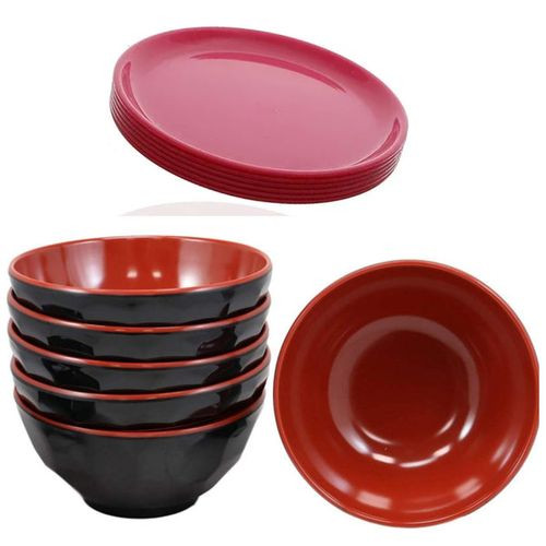 12 Pieces Quality Heavy Serving Bowls And Dinner Plates-Red/Black