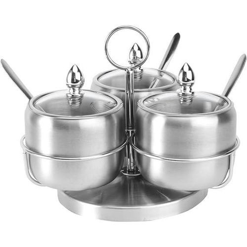 3 Pieces Sugar Bowl Set With Handle Transparent Lids And Tea Spoons-Silver