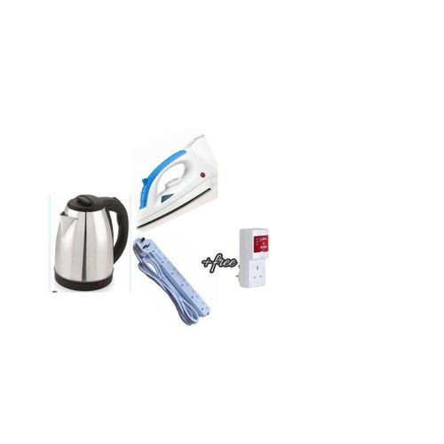 Bundle Of Electric Kettle Percolator 2 Liters & Flat Iron Plus A Free TV Guard - Silver, White