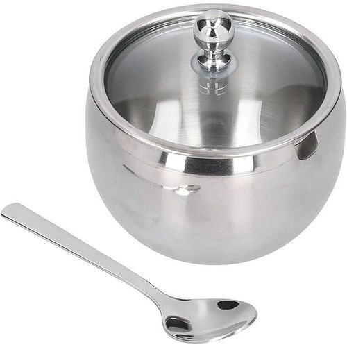Quality Stainless Steel Sugar Bowl With Transparent Lid And Spoon-Silver