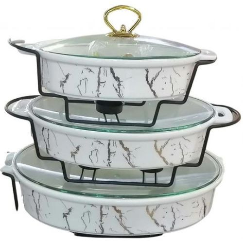 3 Pieces Ceramic Chafing Dishes Food Warmers With Marble Design-Multicolour