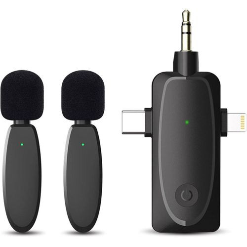 3 in 1 Mini Microphone Wireless Lavalier Microphones for iPhone, Android and Camera- 2.4G Cordless Double Mics with Noise Reduction-Professional Video Recording Lav Mic for Interview, Vlog-Black