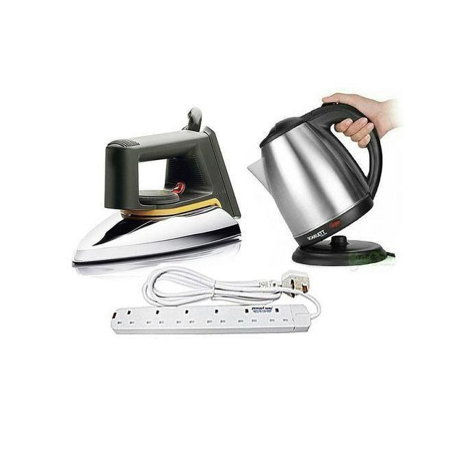 Bundle Of Flat Iron, Scarlet Kettle 2 Ltr & 6Way Extension Cable - Silver