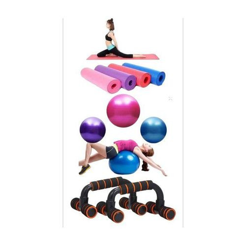 Bundle 3 In 1 Yoga Mat Gym Exercise Training Mat , Gym Ball Plus Exercise Push UP Bars - Assorted Colors