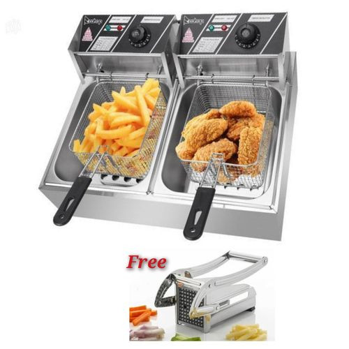 Commerial and Home use Double Electric Deep Fryer 12L-With Free Potato chipper-Crispy Frying Made Easy!- Silver