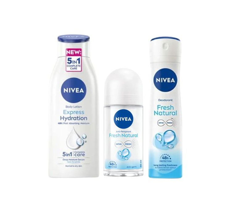NIVEA Fresh Natural Spray Deodorant 150ML + Body Lotion Express Hydration 400ML + Fresh Natural Roll On 50ml