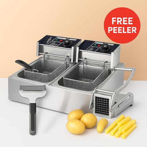 Double Tank Electric Deep Fryer + Free Peeler & Potato Chipper – Commercial Grade
