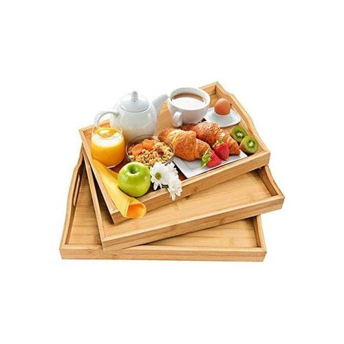 3 Piece Wooden Bamboo Serving Trays Platter - Brown