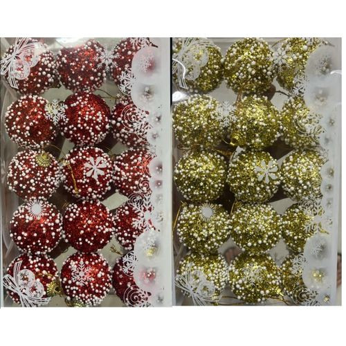 Christmas Red & Gold Glitter Pearl Ornament Bauble Set