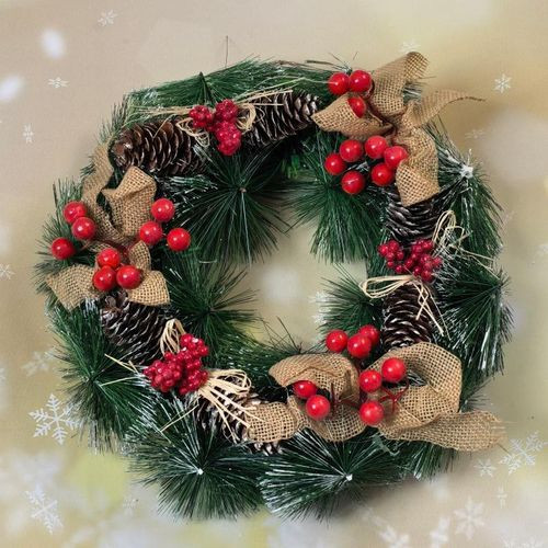 Christmas Red Berry and Pinecone with Burlap Bow MerryChritmas Wreath