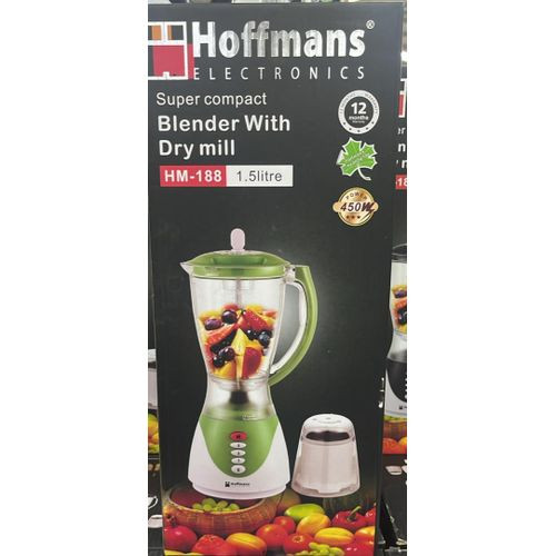 Hoffmans Super Compact 2-in-1 Blender With Dry Mill Grinder, 1.5L, 450W