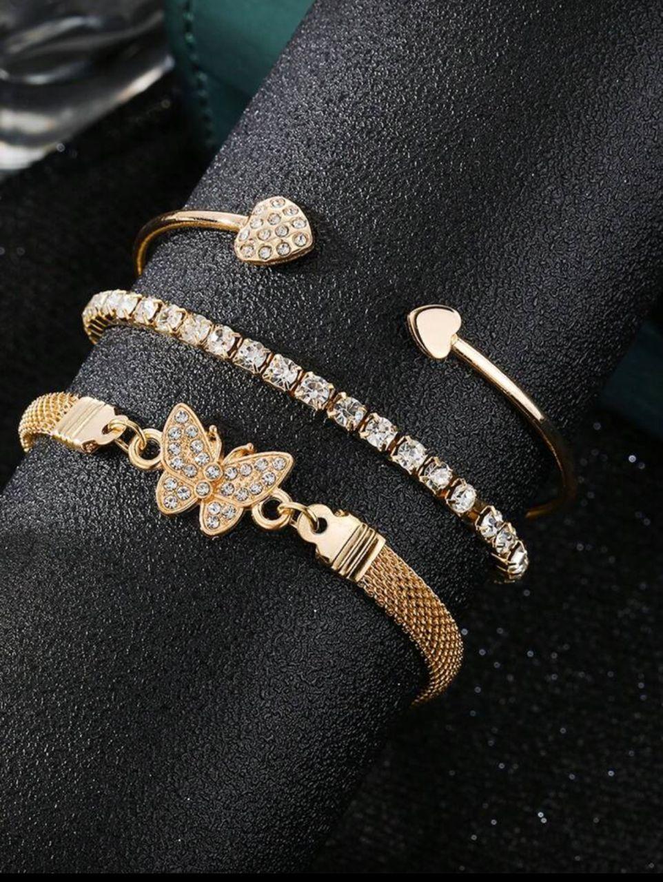 3pcs/Set Luxury Fashion Minimalist Personalized Rhinestone Butterfly & Heart Layered Bangle Bracelet, High-End Accessory Set For Women Valentines